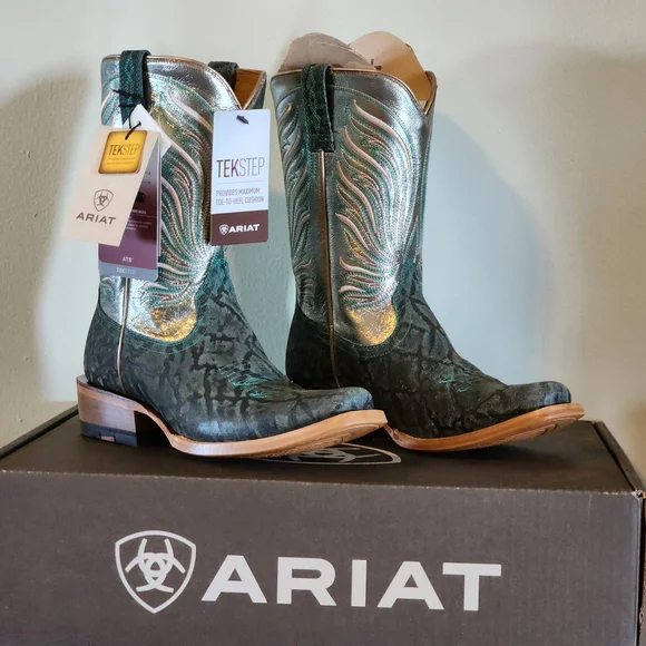 ARIAT Futurity Elephant Print Size 8.5 Green Gold Cowboy Boots Square Toe - Picture 4 of 8